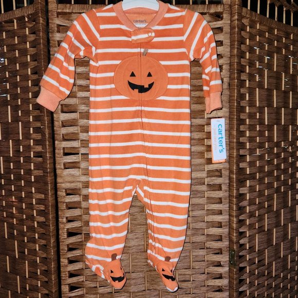 Carters Baby Pumpkin One Piece Zip Up Pajamas - Size 6m - NWT - Picture 1 of 3